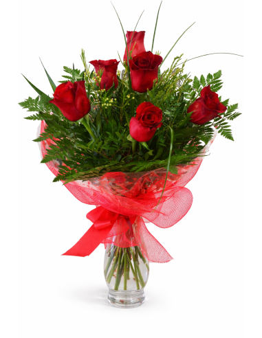 Ramo 6 rosas rojas + jarrón de cristal